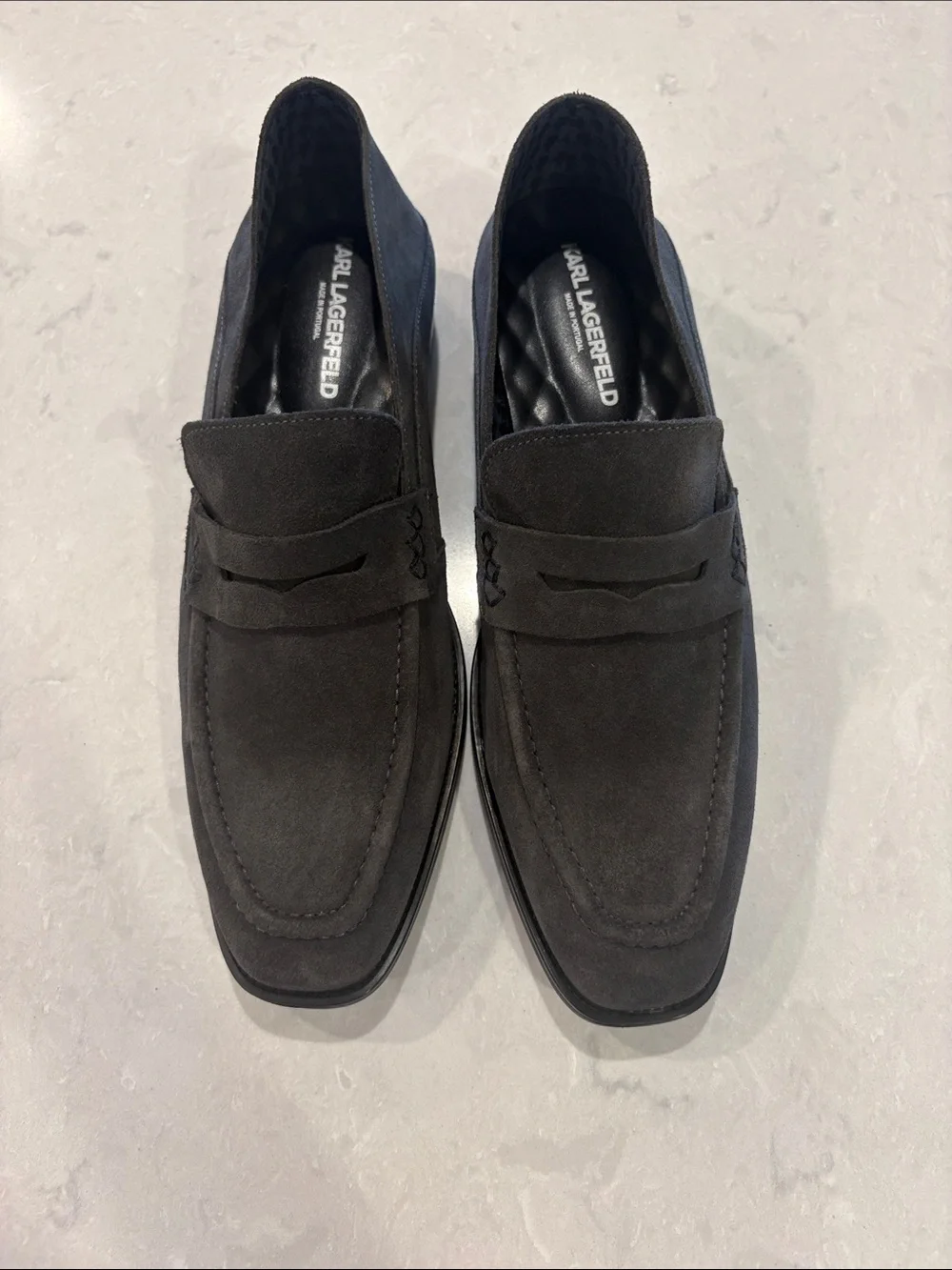 Karl Lagerfeld Men's Suede Penny Loafers in Charcoal Black